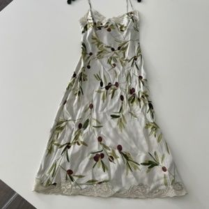 Olive pattern silk charmeuse lace Moschino trimmed slip dress